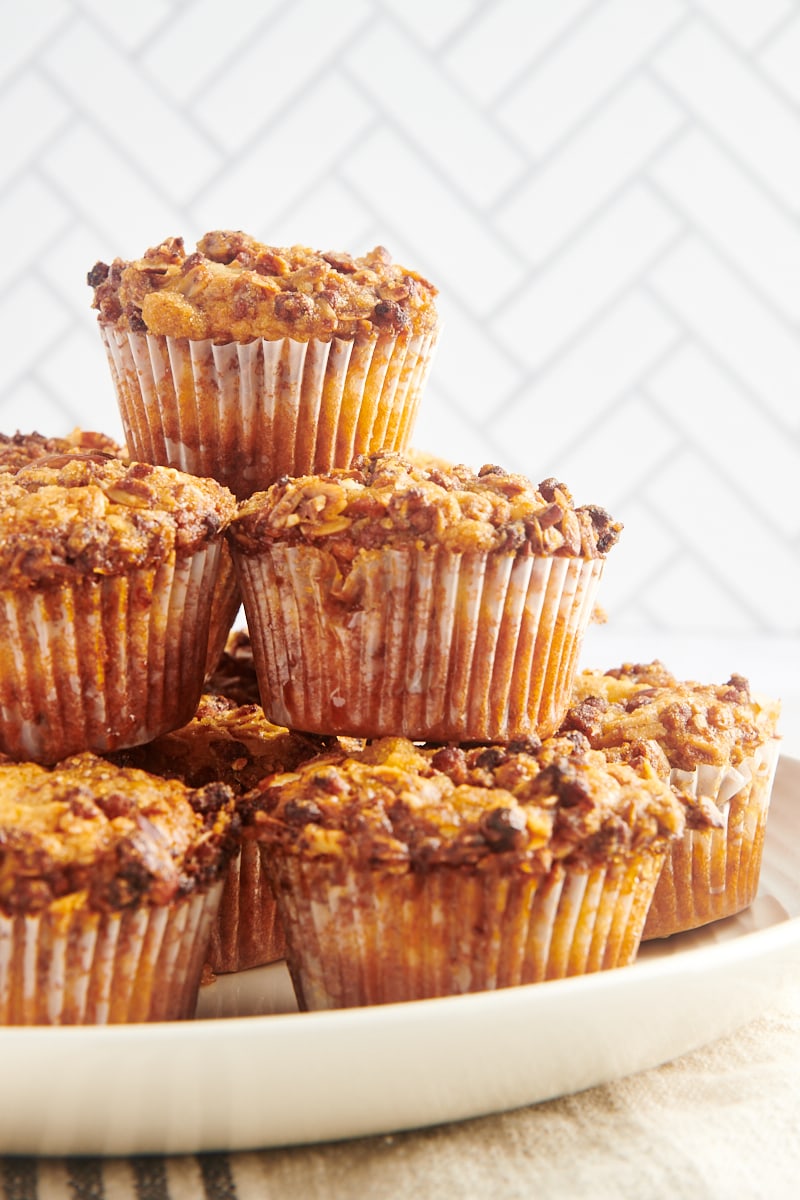 Stack of granola yogurt muffins on platter