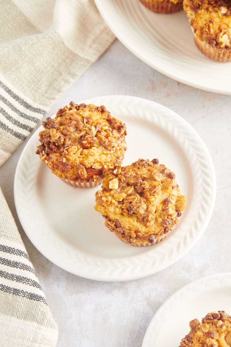 Overhead view of 2 granola yogurt muffins on small white plate