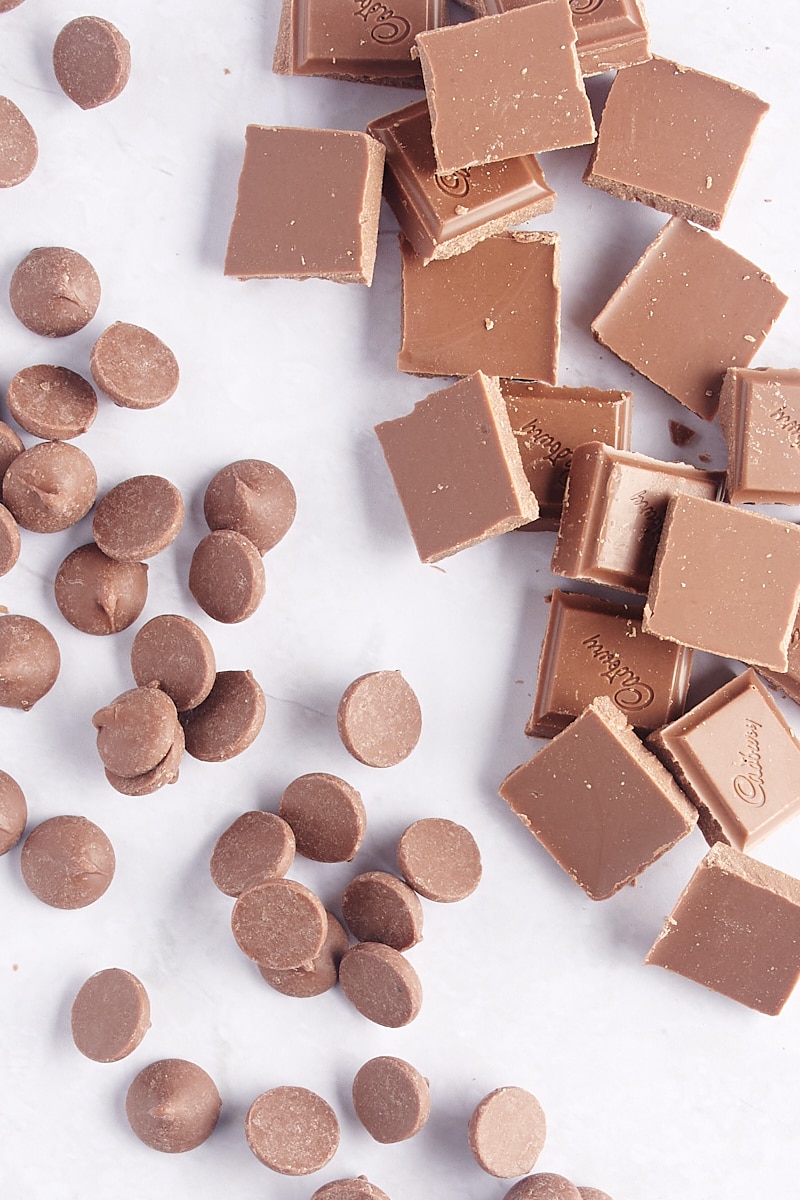 overhead view of milk chocolate chips and bar pieces