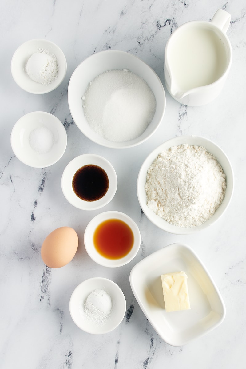 overhead view of ingredients for Vanilla Pudding Cake