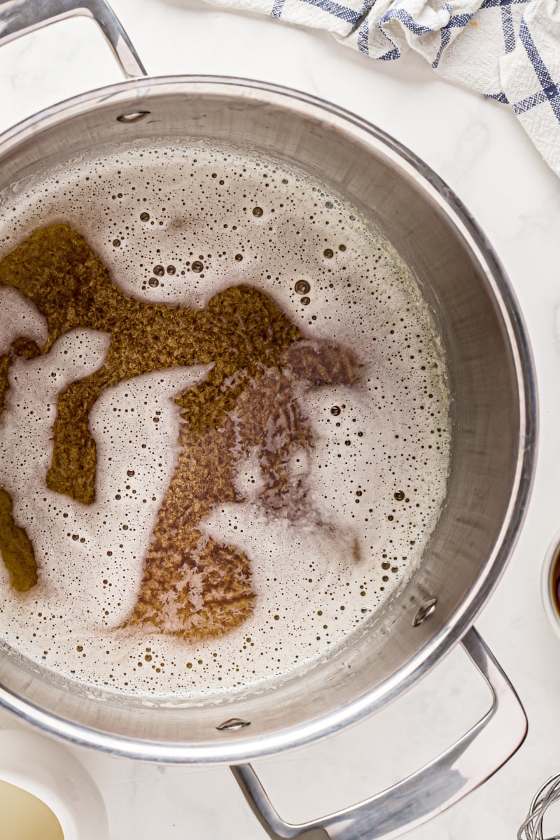 overhead view of brown butter in a saucepan