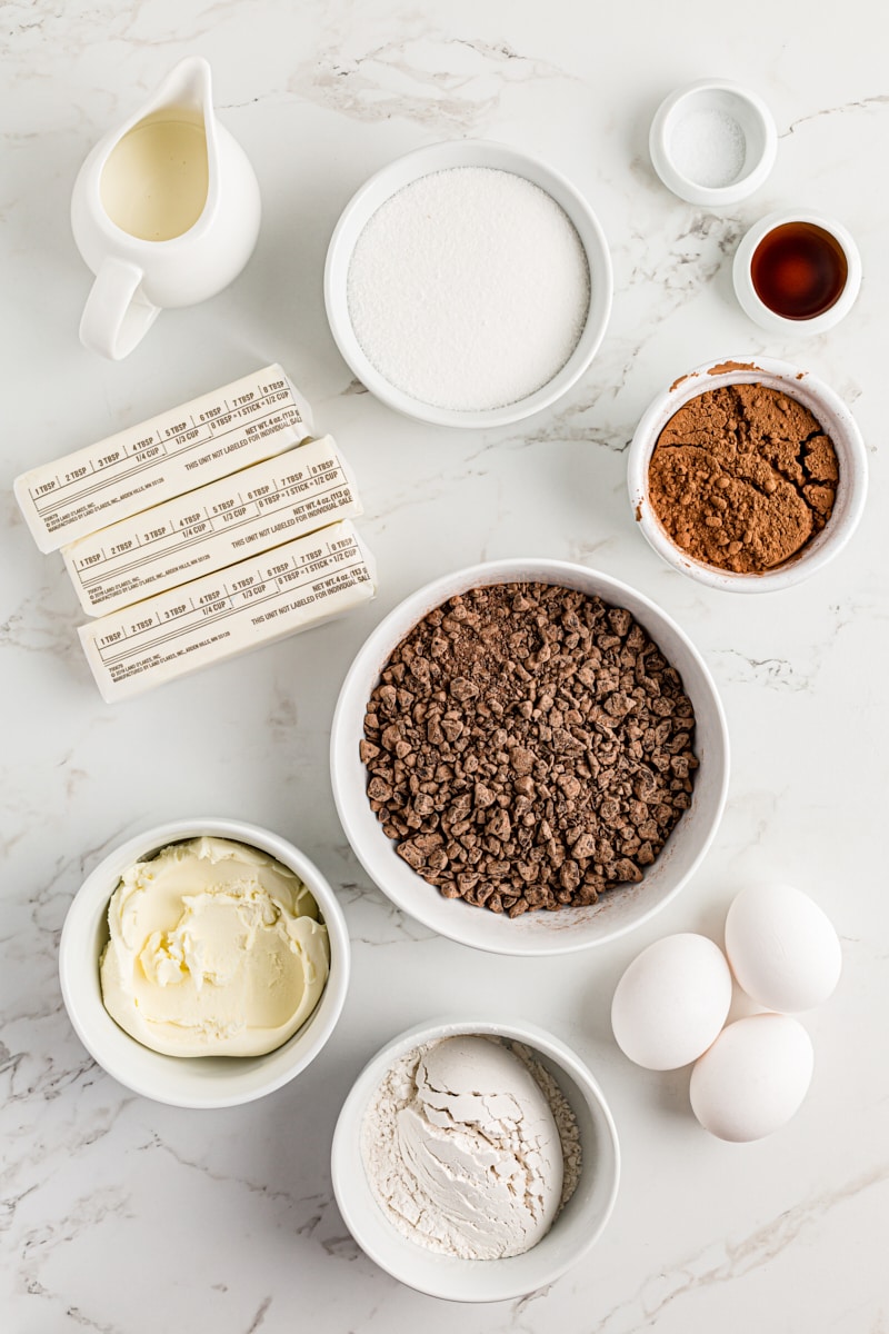 Overhead view of ingredients for chocolate mascarpone brownies