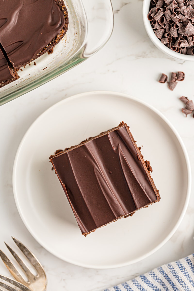 Overhead view of chocolate mascarpone brownie on plate