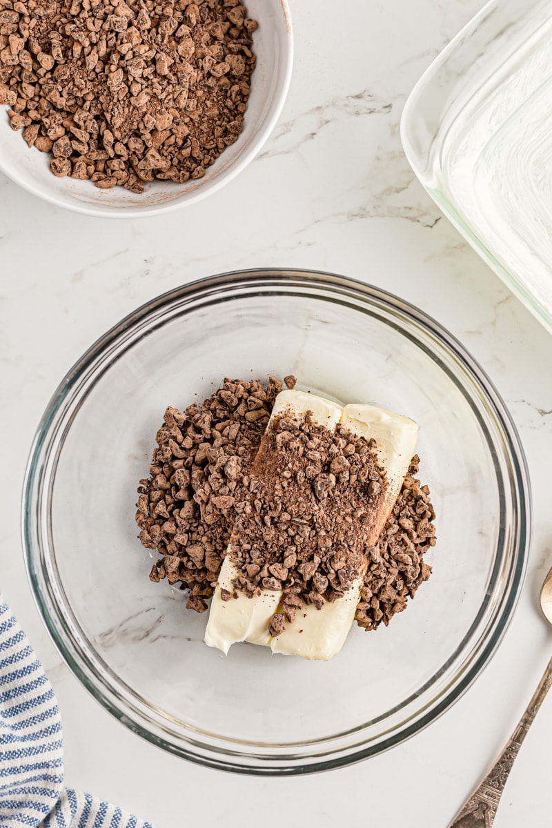 Overhead view of butter and chocolate in mixing bowl