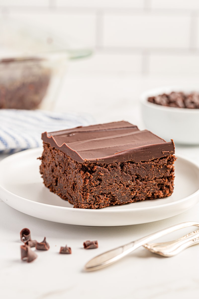 Chocolate mascarpone brownie on white plate