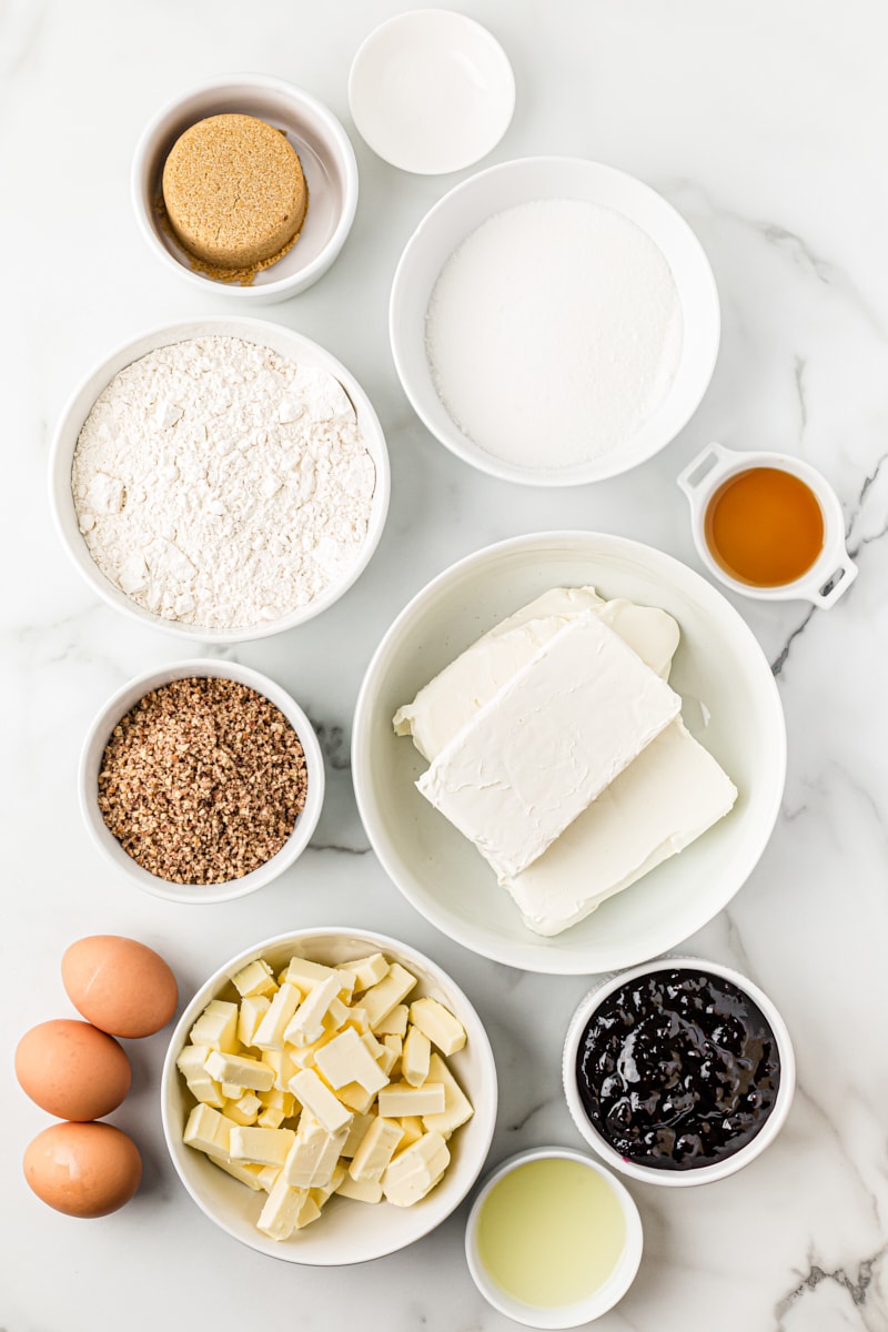 Overhead view of ingredients for lemon blueberry cheesecake