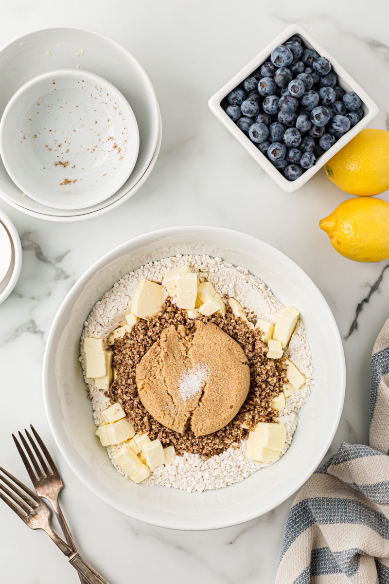 Overhead view of crust ingredients in mixing bowl