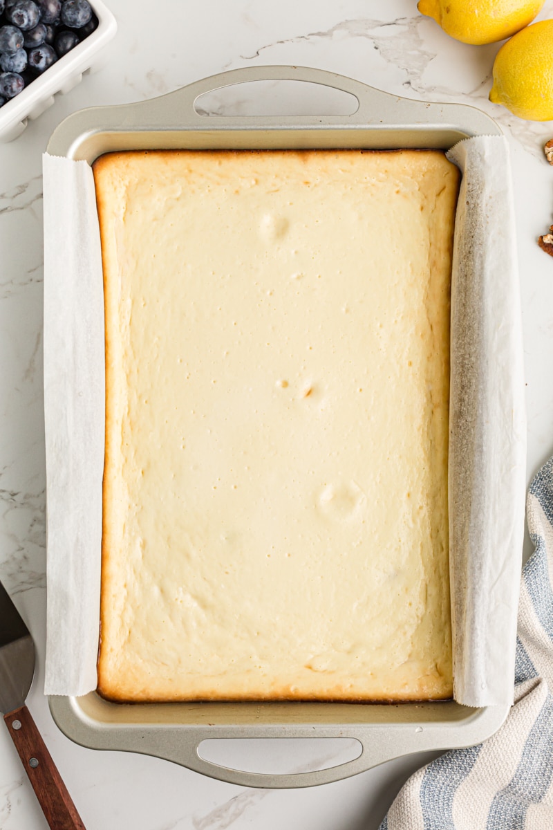 Overhead view of cheesecake bars in parchment-lined pan