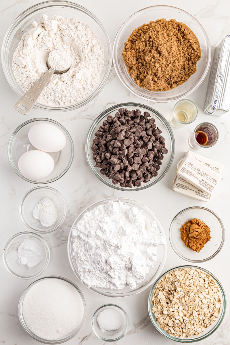 Overhead view of ingredients for oatmeal chocolate chip cake