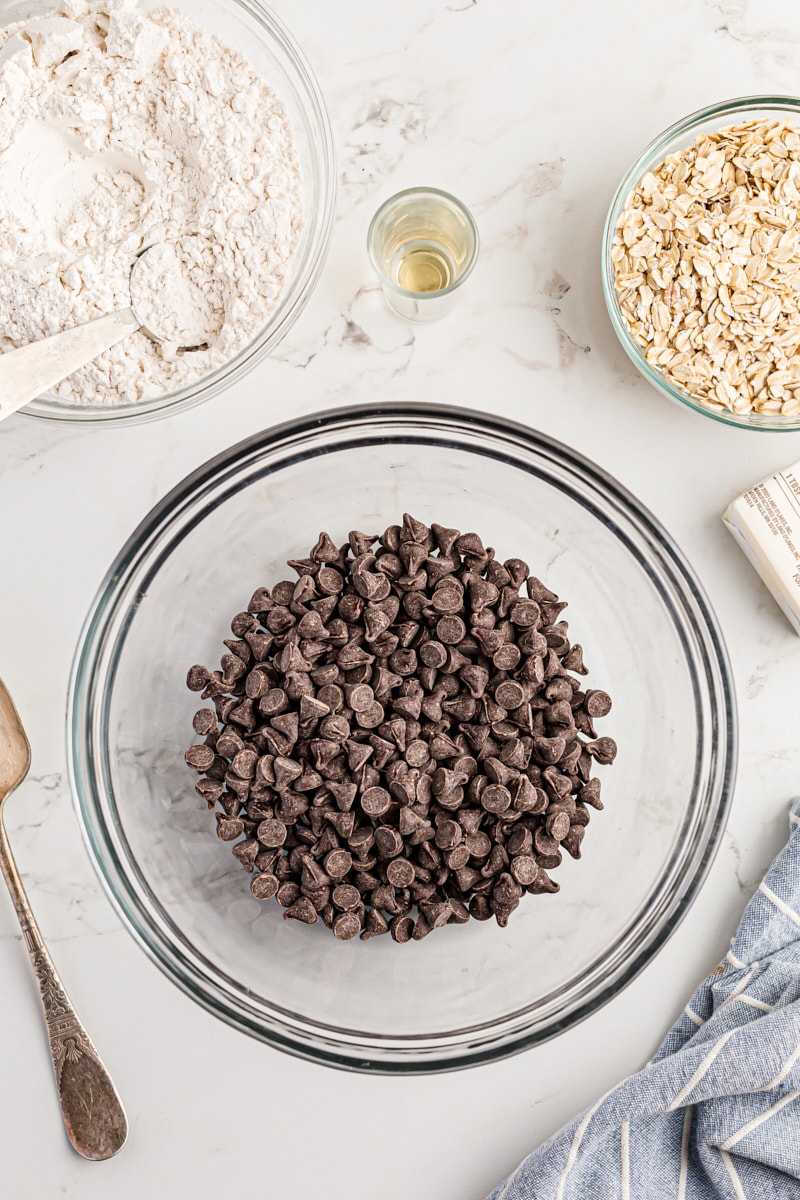 Overhead view of chocolate chips in mixing bowl