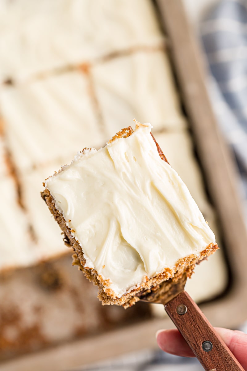 Spatula holding piece of oatmeal chocolate chip cake over pan