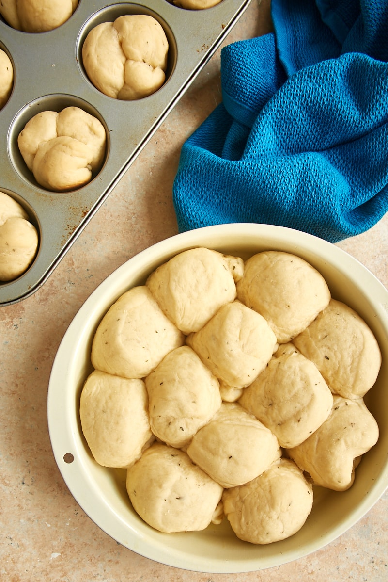 overhead view of portioned and shaped brown and serve rolls in a cake pan and in a muffin pan
