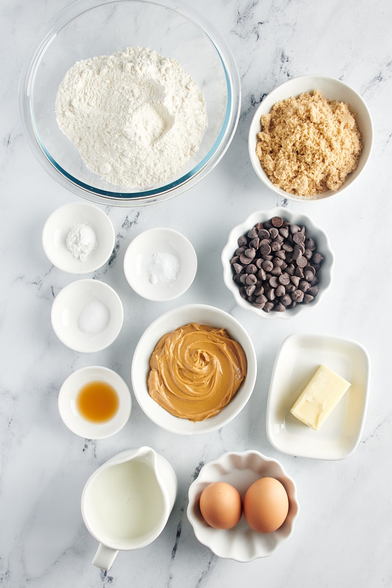 Overhead view of ingredients for chocolate chip peanut butter bread