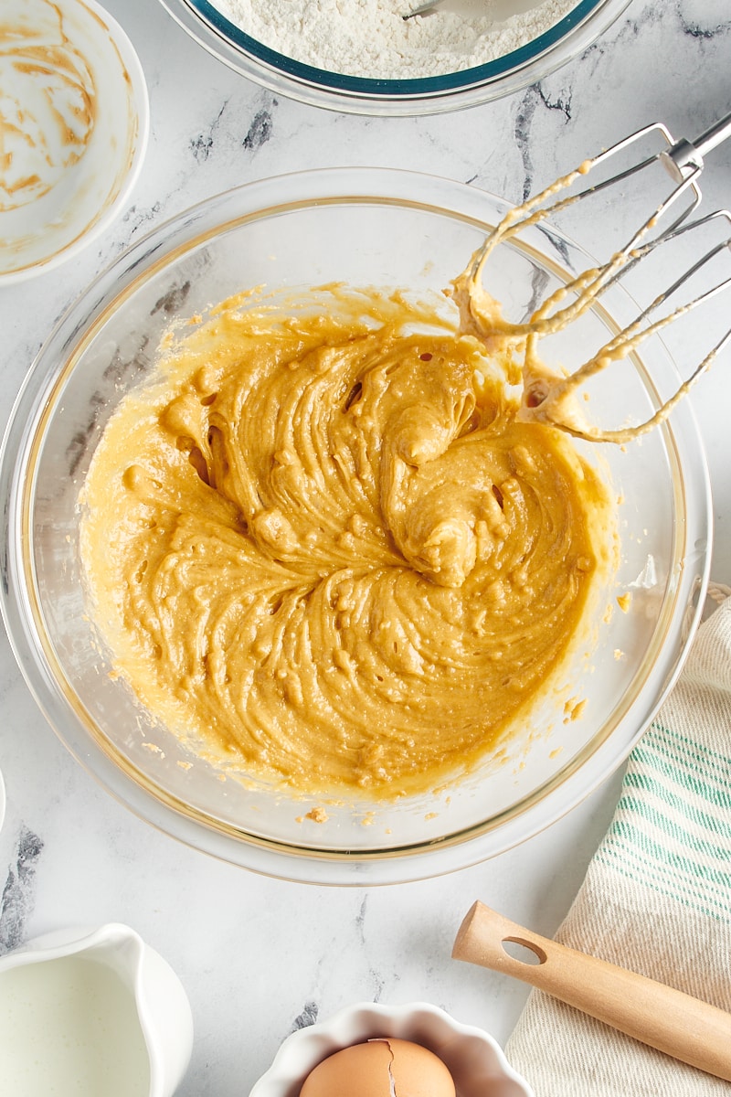 Overhead view of wet ingredients for peanut butter bread