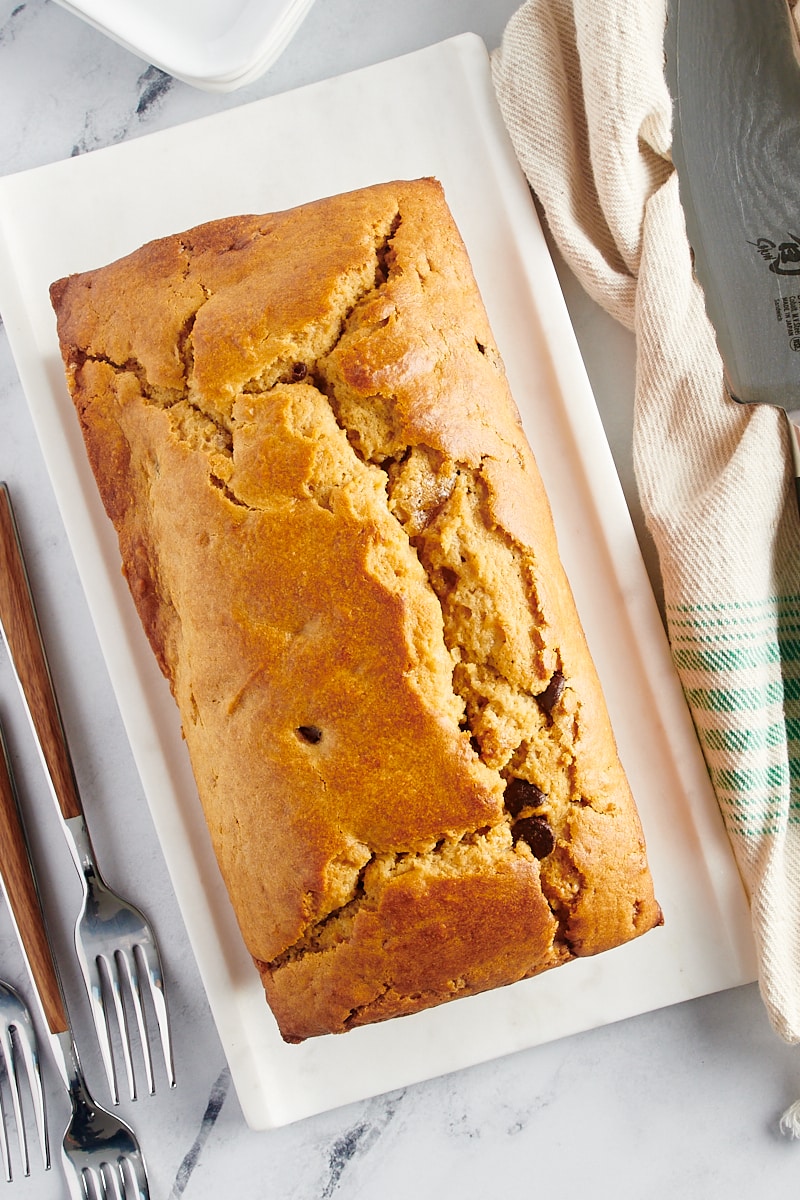 Overhead view of whole chocolate chip peanut butter bread loaf