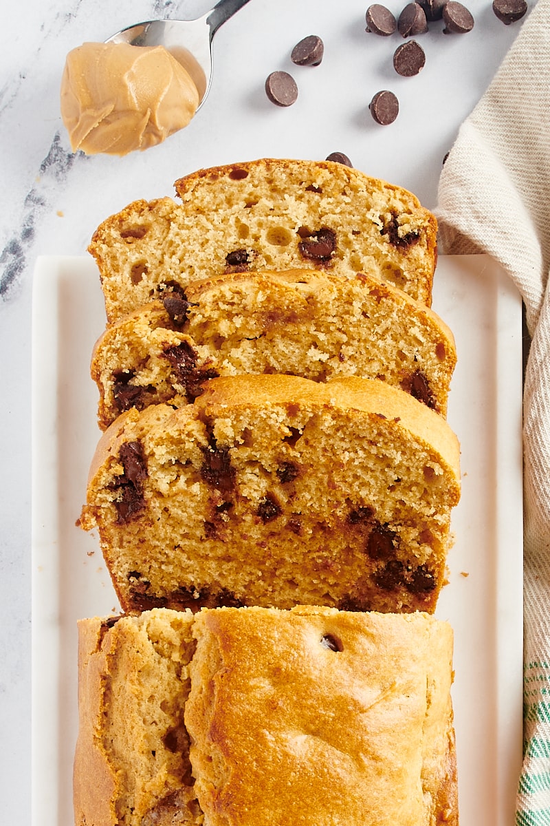 Overhead view of sliced chocolate chip peanut butter bread