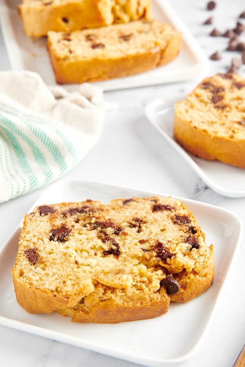 Slice of chocolate chip peanut butter bread on plate