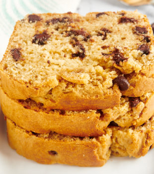 Stack of 3 chocolate chip peanut butter bread slices on plate