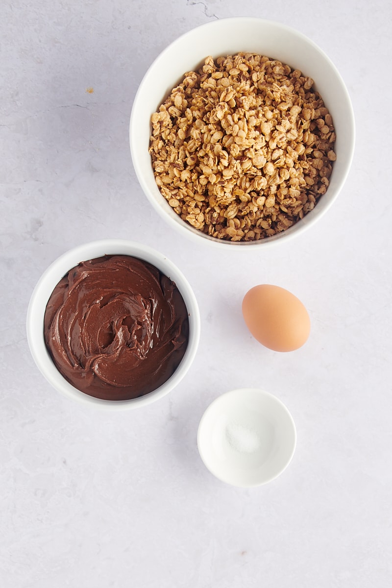 Overhead view of ingredients for chocolate peanut butter granola cookies