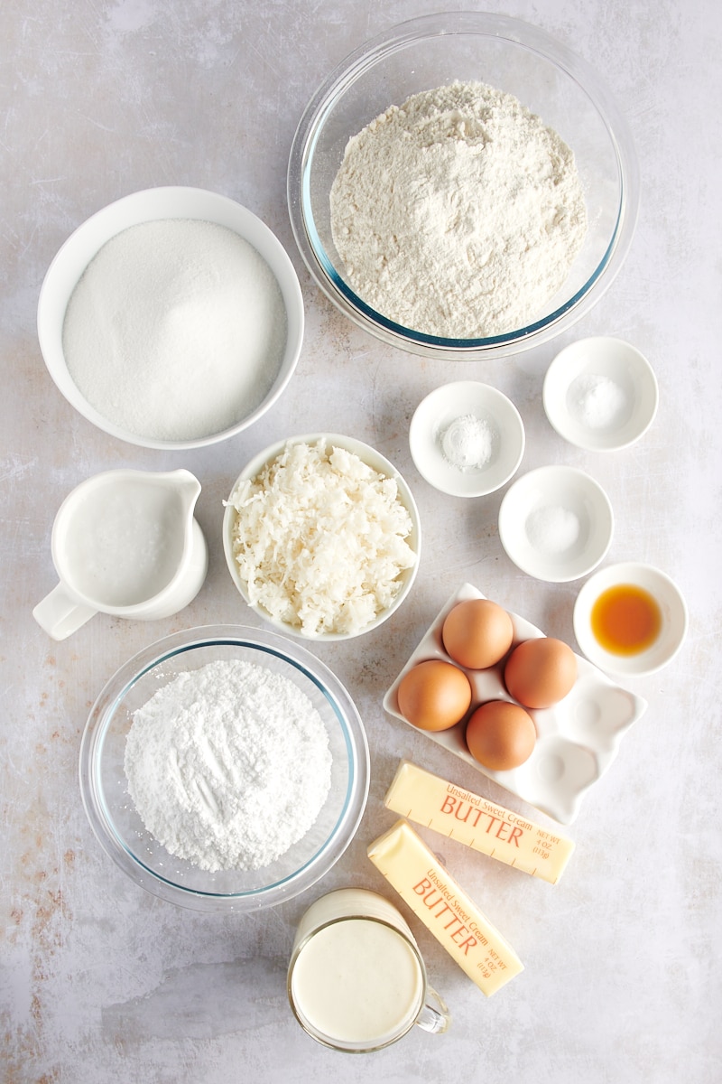 overhead view of ingredients for Coconut Sheet Cake