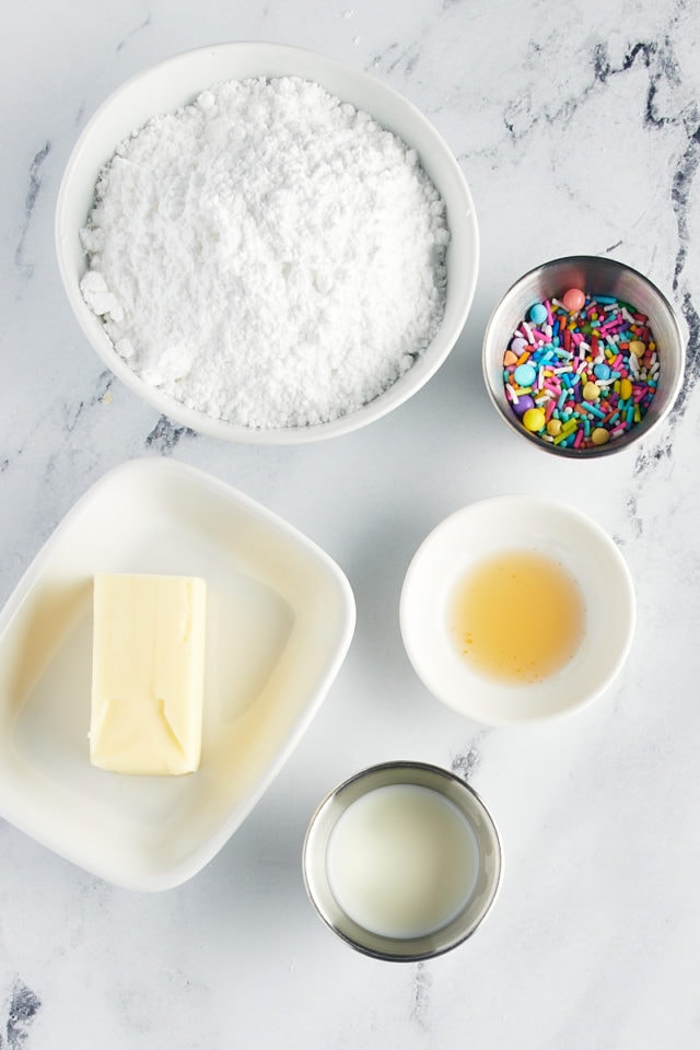 overhead view of ingredients for vanilla buttercream frosting