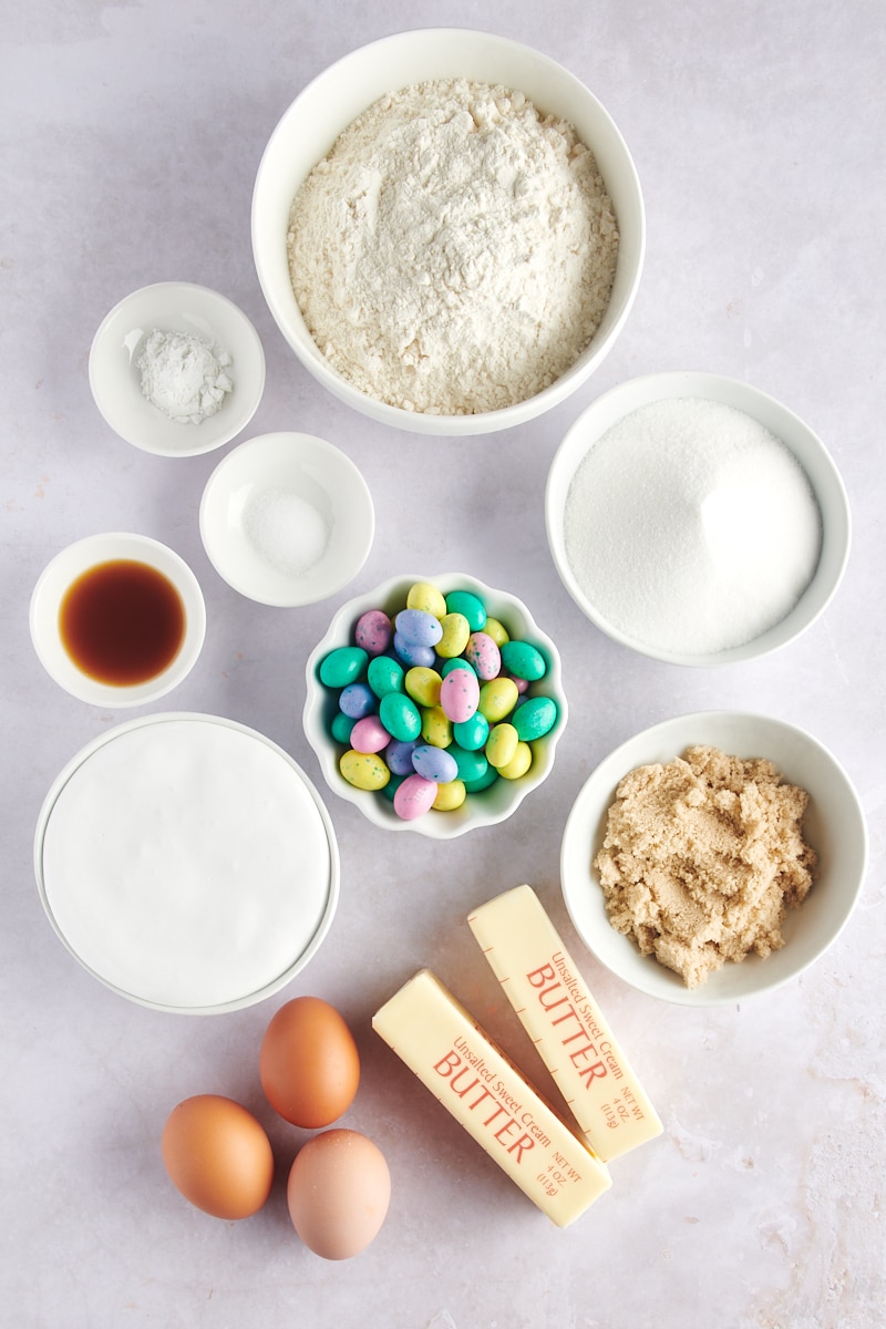 overhead view of ingredients for M&M Marshmallow Sugar Cookie Bars