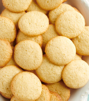 Overhead view of vanilla wafers on serving platter