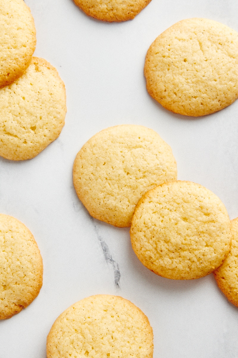 Overhead view of vanilla wafers on a marble counter.