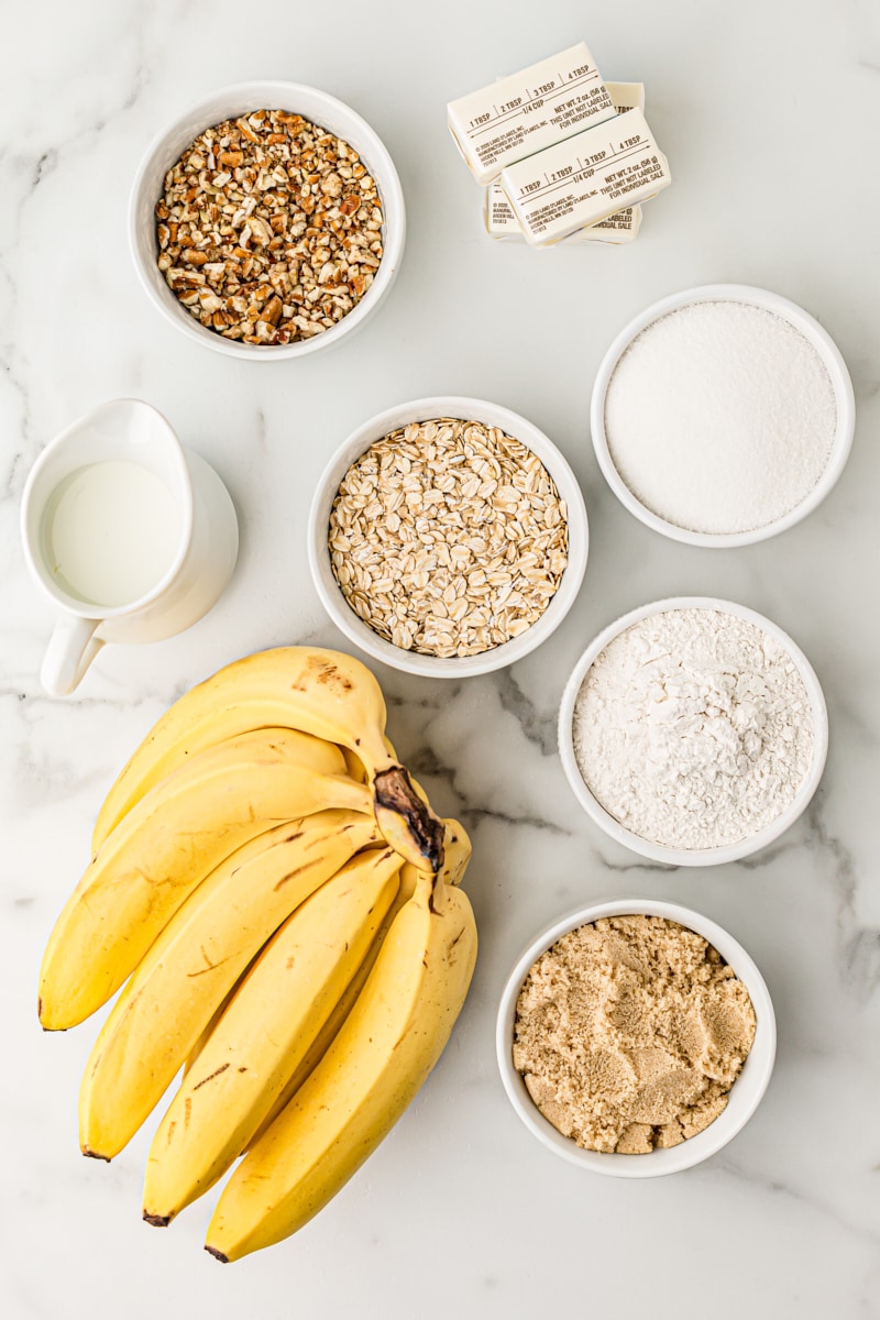 Overhead view of ingredients for banana bread cobbler