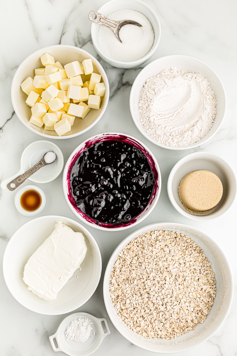 Overhead view of ingredients for blueberry jam cream cheese bars