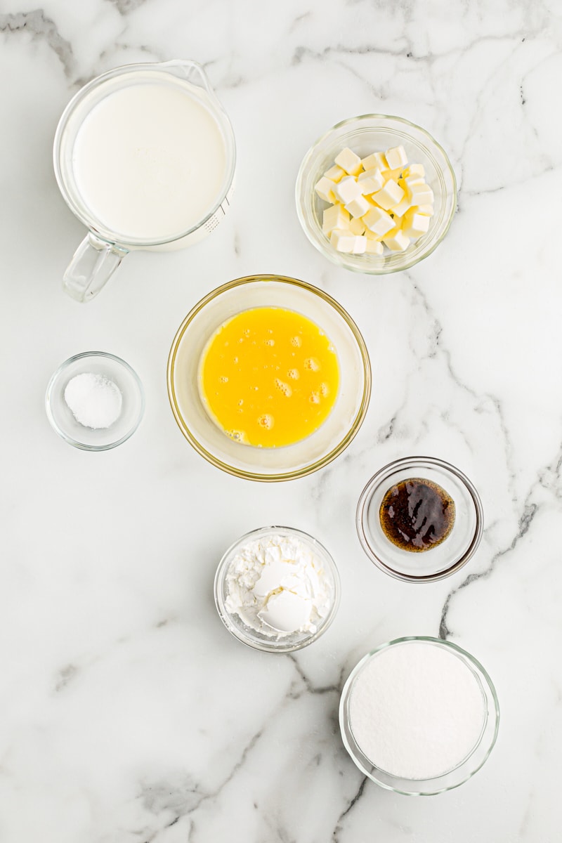 Overhead view of ingredients for vanilla pudding