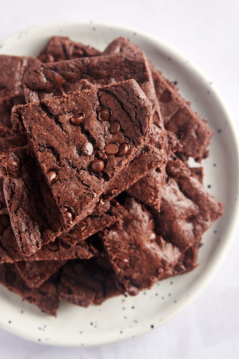 Overhead view of brownie brittle piled onto plate