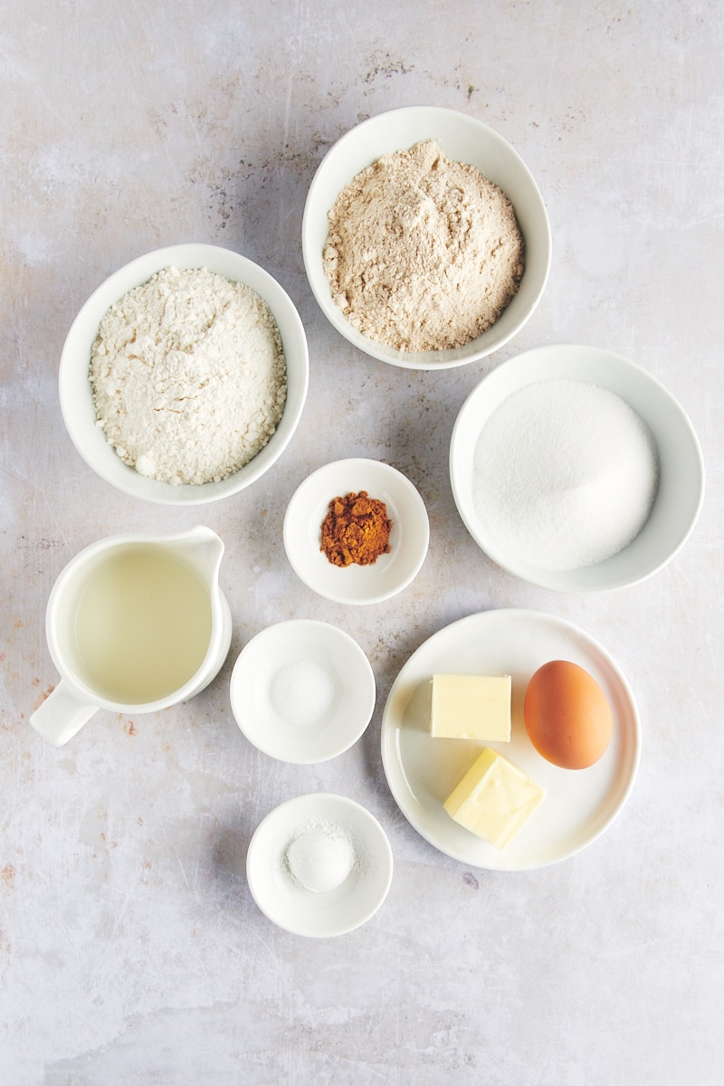 Overhead view of ingredients for cinnamon mini muffins