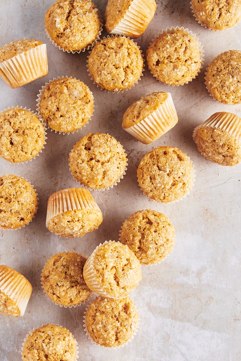 Overhead view of cinnamon mini muffins on countertop