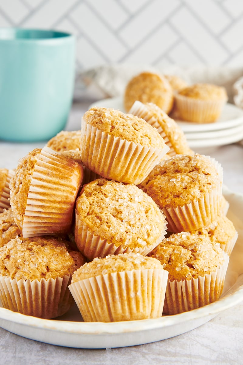 Pile of cinnamon mini muffins on platter