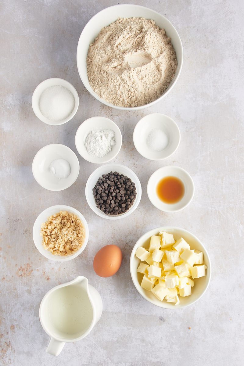 Overhead view of ingredients for chocolate chip-hazelnut scones