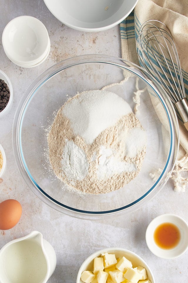 Overhead view of dry scone ingredients in mixing bowl before whisking