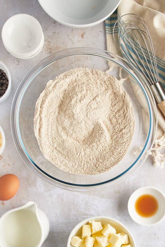 Overhead view of dry ingredients in mixing bowl