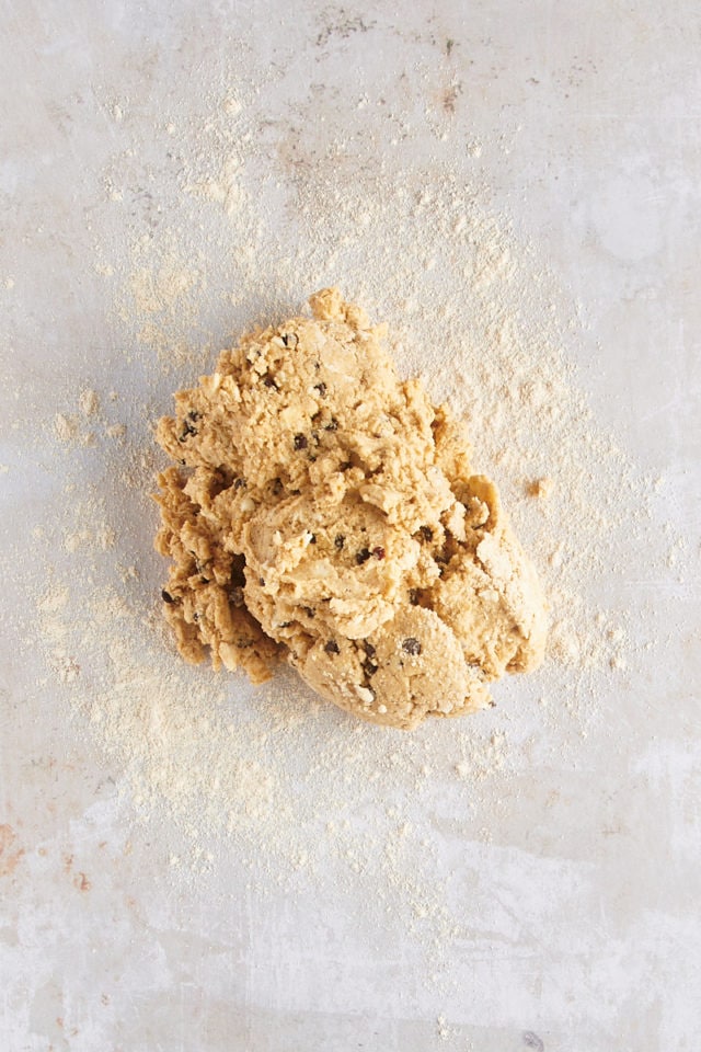 Overhead view of scone dough after being turned out onto work surface