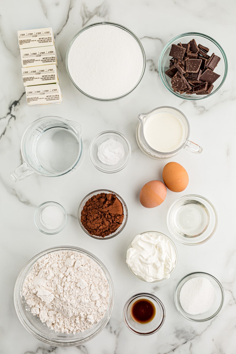 Overhead view of ingredients for chocolate sour cream Bundt cake