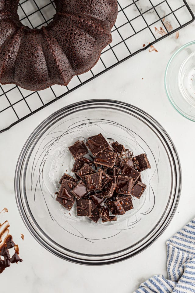 Overhead view of chocolate and corn syrup in glass bowl