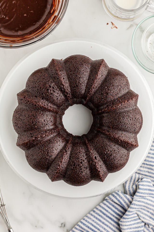 Overhead view of unglazed chocolate sour cream Bundt cake