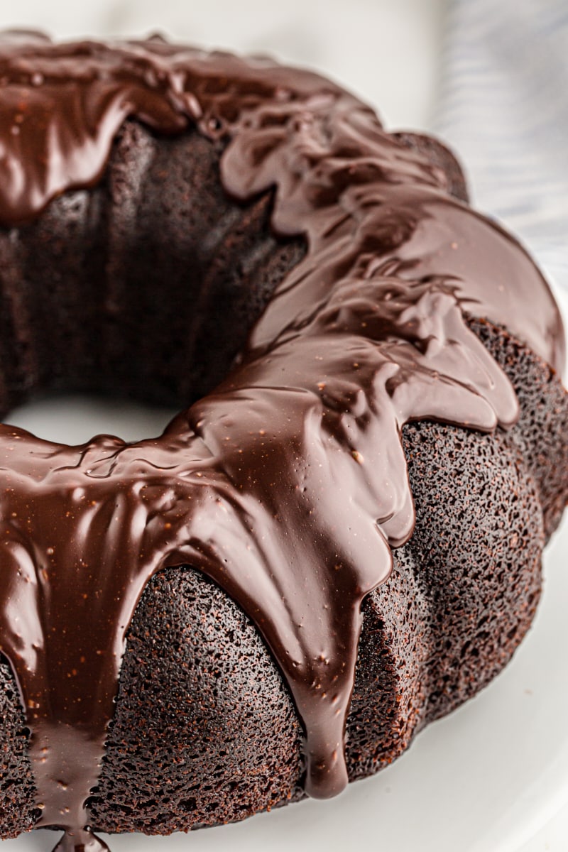 Whole chocolate sour cream Bundt cake on cake stand