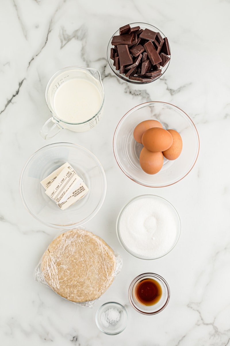 Overhead view of ingredients for French silk pie