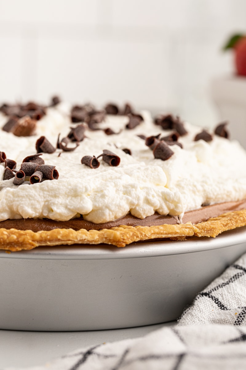 Side view of French silk pie in pan
