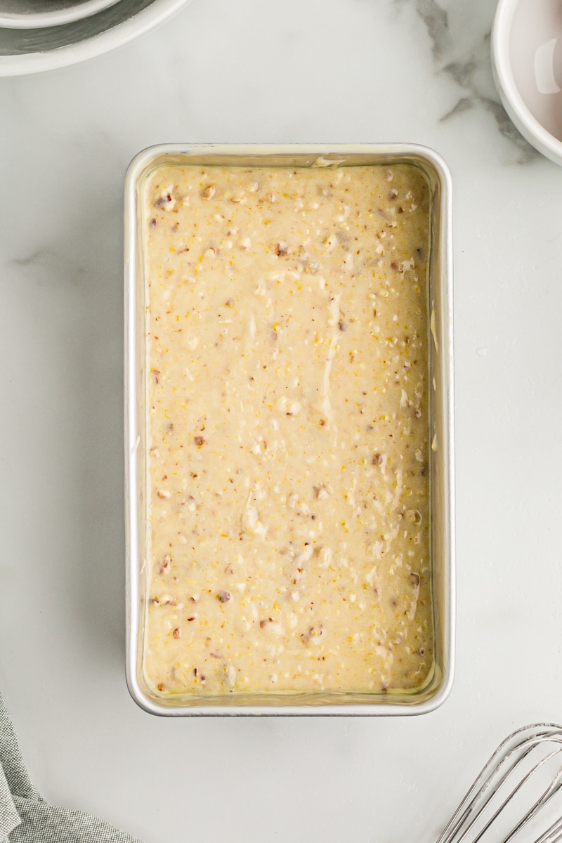 Overhead view of lemon bread batter in pan