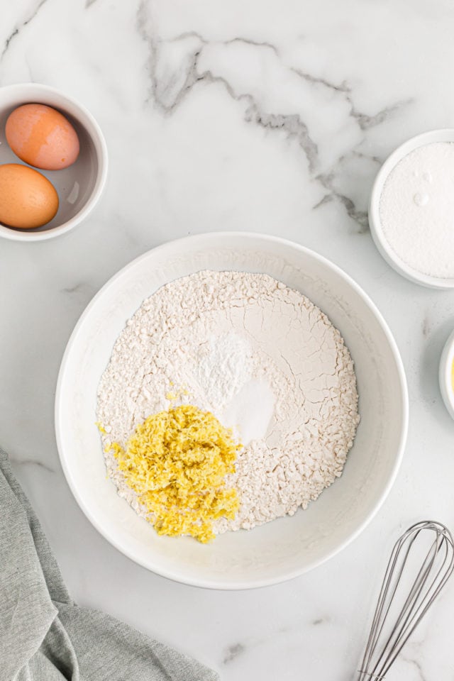 Overhead view of dry ingredients in mixing bowl before whisking