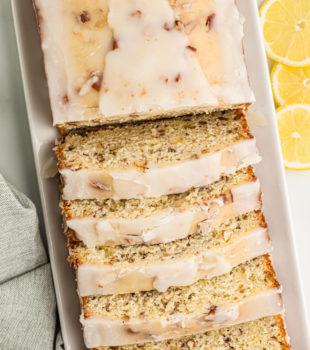 Overhead view of sliced lemon bread on serving tray