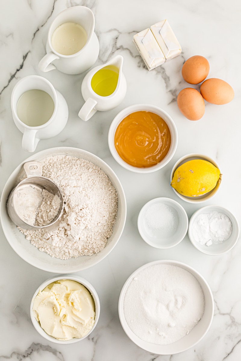 Overhead view of ingredients for lemon cream cake