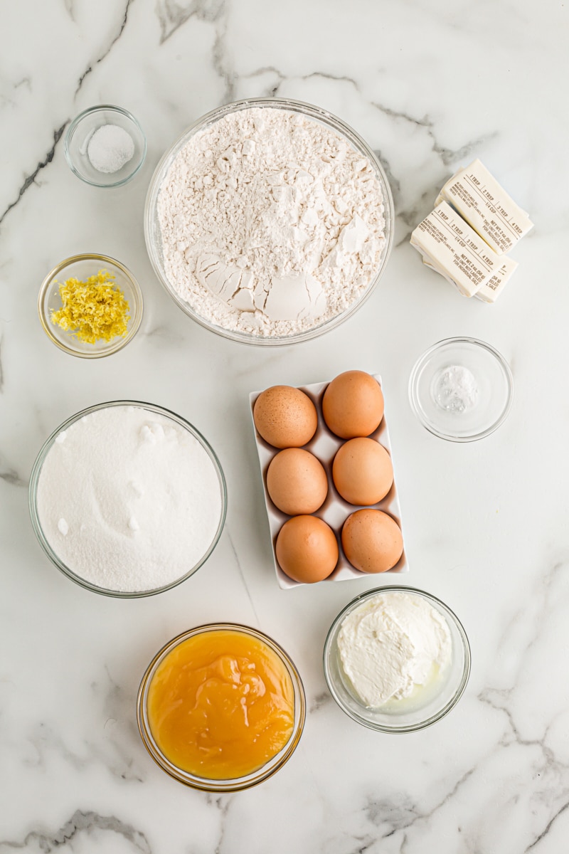 Overhead view of ingredients for lemon crumb yogurt cake